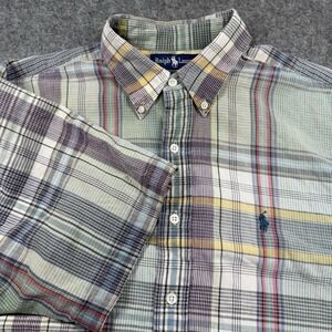 Ralph Lauren Shirt Men Large Button Up Green Multi Tartan Plaid‎ Hand Woven VTG